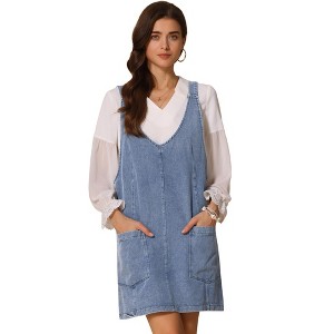 INSPIRE CHIC Women's Sleeveless Casual Denim Adjustable Strap V Neck Front Pockets Overall Mini Dress - 1 of 4