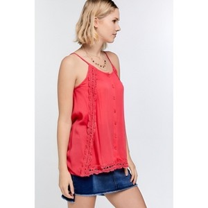 Slickblue Versatile Scalloped Lace Trim Button Down Top – Light Blue/Coral, Slit Side Overlay, Cami Styling, S/M/L - 1 of 1