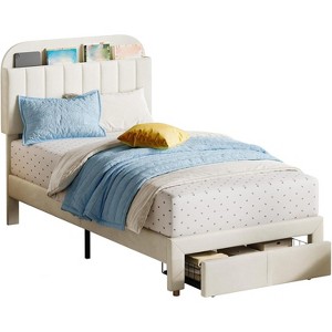 Tackview Twin Bed Frame Velvet Upholstered Platform Bed with Bookcase Headboard for Kids Girls - 1 of 4