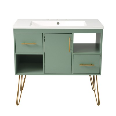 Vynxaria Green 36 in Bathroom Storage Cabinet Solid Pine Frame MDF Panels Smooth Glide Rails Soft Close Hinges Anti Overflow Basin Ready to Install