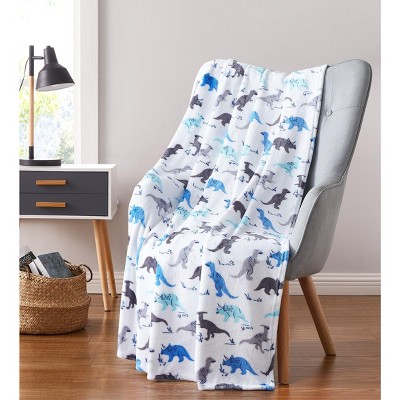 Kate Aurora Juvi Essentials Ultra Soft & Plush White & Blue Multi Dinosaur Fleece Accent Throw Blanket - 50 in. W x 60 in. L