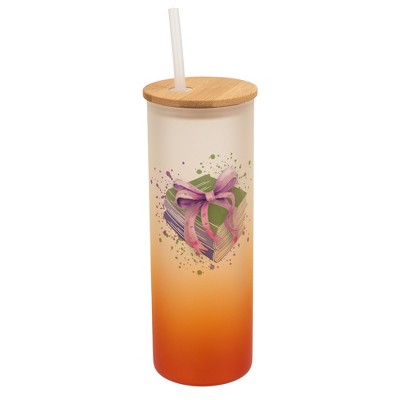 Elanze Designs 25 Ounce Frosted Glass Gradient Travel Tumbler With Straw and Wooden Lid, Books and Bows Orange