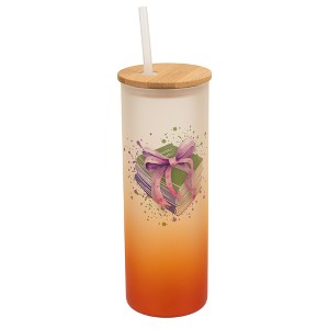 Elanze Designs 25 Ounce Frosted Glass Gradient Travel Tumbler With Straw and Wooden Lid, Books and Bows Orange - 1 of 1