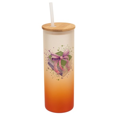 Elanze Designs 25 Ounce Frosted Glass Gradient Travel Tumbler With Straw and Wooden Lid, Books and Bows Orange - image 1 of 1