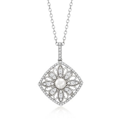 Ross-Simons 4-4.5mm Cultured Pearl and .50 ct. t.w. Diamond Pendant Necklace in Sterling Silver