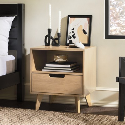 Gulches Mid-Century Nightstand with 1 Drawer, Smooth Metal Glides, Sleek Cutout Handles, Tapered Legs