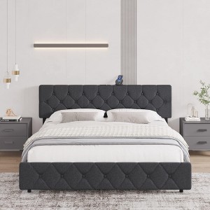 Queen Size Upholstered Bed Frame with Adjustable Linen Headboard and Type-C & USB Ports - 1 of 4