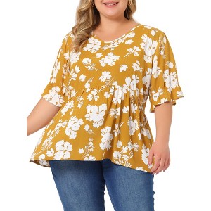 Agnes Orinda Women's Plus Size Floral Pleated V Neck Short Sleeve Tiered Babydoll Blouses - 1 of 4
