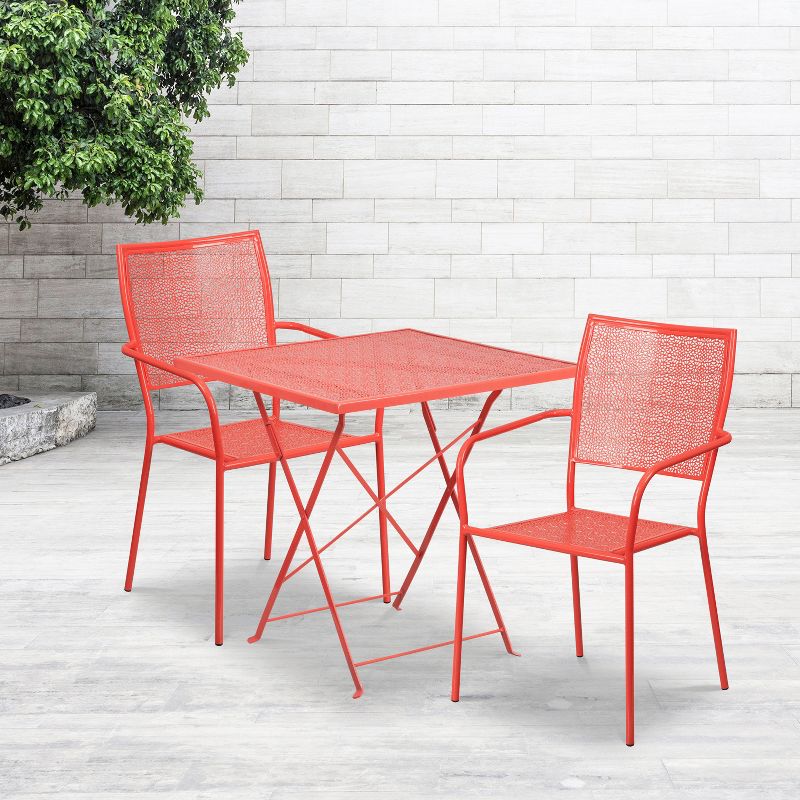 Emma and Oliver Commercial 28" Square Metal Folding Patio Table Set w/ 2 Square Back Chairs, 2 of 5