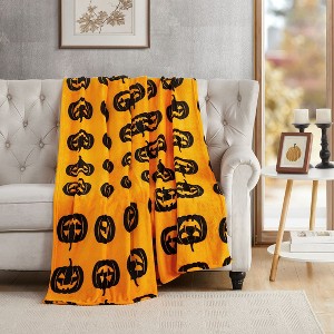 Kate Aurora Halloween Black & Orange Oversized Jack O' Lanterns Ultra Soft & Plush Throw Blanket - 50 in. W x 70 in. L - 1 of 3