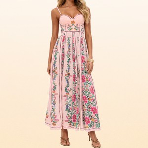 smocked printed sleeveless a line dress Ayolanni Sleeveless Dresses for Women Long Formal Crew Neck A-Line Dress Gray Floral Print Smocked Business Sundress with Pockets L, Women's, Size: