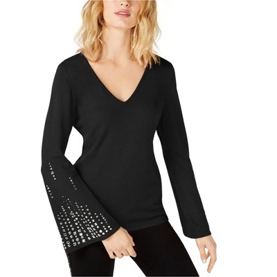 I.N.C International Concepts Womens Embellished Knit Blouse, Black, Large