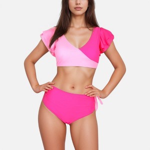 Anna-Kaci Swim Women's Two Piece Bikini Set with Flutter Sleeve Top and High Waist Ruched Bottoms - 1 of 4