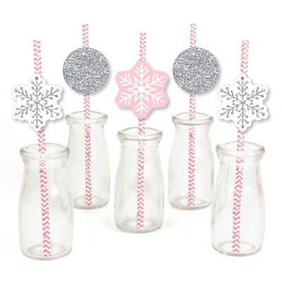 Big Dot of Happiness Pink Winter Wonderland - Paper Straw Decor - Holiday Snowflake Birthday Party or Baby Shower Striped Decorative Straws -Set of 24