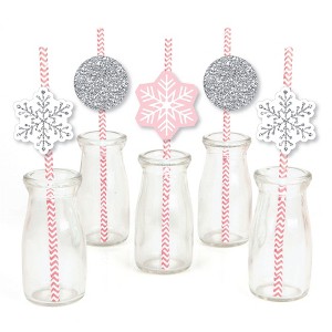 Big Dot of Happiness Pink Winter Wonderland - Paper Straw Decor - Holiday Snowflake Birthday Party or Baby Shower Striped Decorative Straws -Set of 24 - 1 of 4