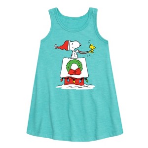 - Peanuts - Snoopy & Woodstock House Sleigh Graphic Sleeveless Aline Dress - 1 of 4