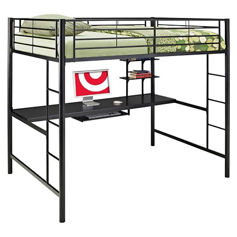 Premium Metal Full Size Loft Bed With Wood Workstation Black