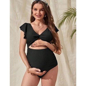 Coolmee Women Maternity Cutout Slimming Tummy Control V Neck Wrap Loose Ruffled Short Sleeve Belly-Covering One Piece Swimsuit - 1 of 4