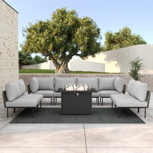 LayinSun 9 Pieces Rope Woven Patio Furniture Set, Modern Modular Sectional Sofa with Fire Pit Table and Upgrade Thickness Cushion - 1 of 4