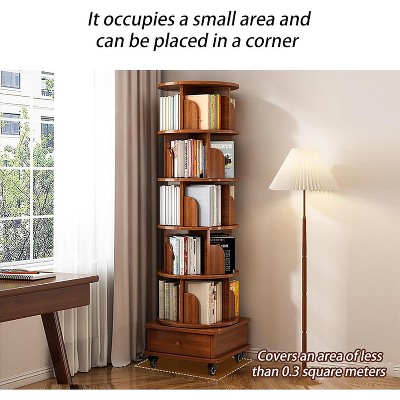 Rotating Bookshelf, 360° Rotating 6-Tier Bookshelf Tower, Floor Standing Multi-Functional Bookcase, Display Corner Organizer With Drawer & Wheels