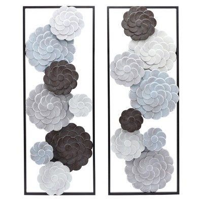 LuxenHome Multi-Color Flowers Metal Rectangular Panels Wall Decor Wall Art, Set of 2 Multicolored