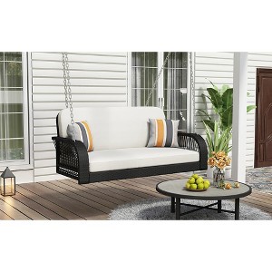 MAYEERTY 51.9" Black Wicker Hanging Sofa Swing - White Cushion, Rattan Patio Seat for Garden Entertaining - 1 of 4
