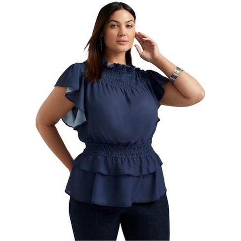 June + Vie By Roaman's Women's Plus Size Mockneck Ruffle Blouse - 22/24 ...