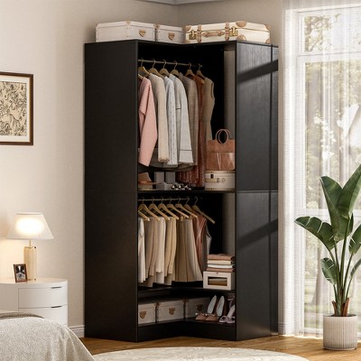 Besiost Freestanding Corner Closet System with 2 Hanging Rods and Shoes Shelf