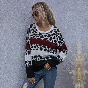 Clotth Women's Leopard Print Sweater - Loose Fit Shirt, Crewneck Pullover, Knitted Sweater, Black and White with Red Accents - 1 of 4
