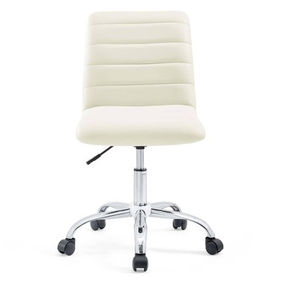 Cream Channel Tufted Armless Swivel Office Chair with Metal Base