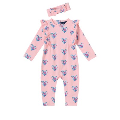 Andy & Evan  Infant  Pink Printed Long Sleeve Romper w/Pom Pom Trim