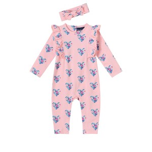 Andy & Evan  Infant  Pink Printed Long Sleeve Romper w/Pom Pom Trim - 1 of 4