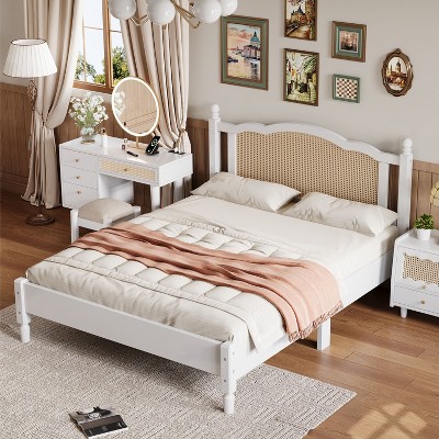 CAVINAS Full/Queen Size Bed Frame with Natural Rattan Headboard,Wooden Platform Bed with Wood Slats Support,Underbed Storage