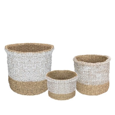Northlight Set of 3 Beige and White Round Wicker Table and Floor Baskets