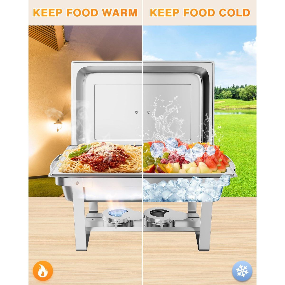 8QT Stainless Steel Chafing Dish Buffet Set – Food Warmers with Water Pan, Folding Frame, Lid Holder, Tweezers – Catering Chafer for Parties,Weddings - thumbnail 5