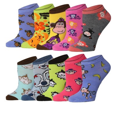 Tipi Toe Womens 10 Pairs Monkey Madness Pattern & Mix Colors For Vibrant Style Low Cut/No Show Socks
