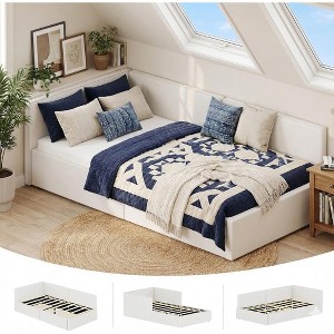 Corner Bed Frame Twin Size Daybed with Velvet Upholstered Guardrail, Modern Kids Sofa Bed for Teen Adults - 1 of 4