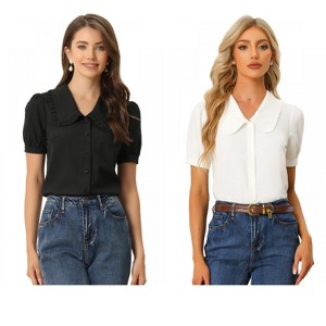 INSPIRE CHIC Women's Peter Pan Collar Puff Short Sleeve Button Cuff Elegant Blouse 2 Packs - 1 of 4