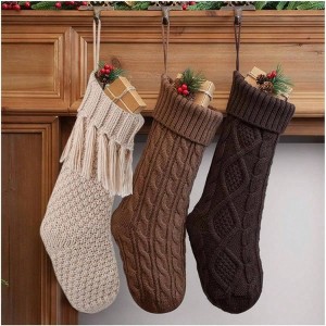 3 Pack Farmhouse Stockings Large 18 Rustic Knit Holiday Decor Brown White Neutral Tones Fireplace Mantel Family Dcor - 1 of 4