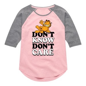 Girls' - Garfield - Don't Know Don't Care Shirt Tail Raglan Graphic T-shirt - 1 of 3