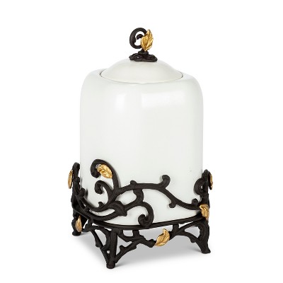 GG Collection 13-Inch Tall Gold Leaf Ceramic Canister with White Stoneware and Espresso Brown Vines and Gold Leaf Accented Base.