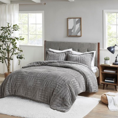 Lyngins Arctic Faux Fur Checkerboard Comforter Set, Hypoallergenic Bedding Set with Matching Shams, Oeko-Tex Certified, Twin Size Quilt Bedding Set
