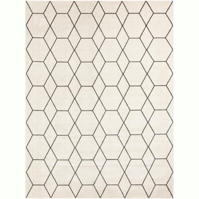 Ivory and Gray Trellis Synthetic Stain-Resistant Area Rug 9' x 12'
