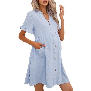 Maternity Swiss Dot Dress Summer V Neck Short Sleeve Button Down Mini Dress Baby Shower Photoshoot with Pockets - 1 of 4