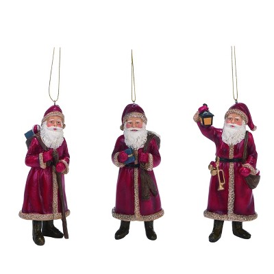Transpac Resin Traditional Santa Ornament Set of 3 for Christmas Tree Decoration Red Indoor Use Gift Giving