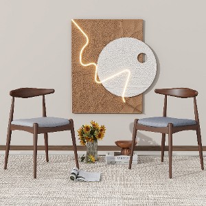 Lyngins Set of 2 Mid-Century Upholstered Dining Chairs with Splayed Legs, Rubberwood Living Room Chair with Ergonomic Backrest, Natural-Grain Finish - 1 of 4