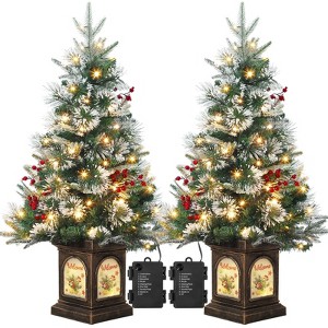 3FT Pre-Lit Artificial Christmas Tree Tabletop with 78 Warm White Lights, Flocked Potted Christmas Tree, Battery Operated, for Front Door, Porch - 1 of 4