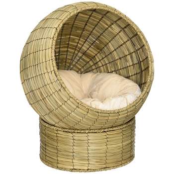PawHut Cat Basket Bed with Cat Egg Chair Shape, Woven Elevated Cat Bed Kitty House, Raised Wicker Cat Bed for Indoor Cats, 20" Dia. x 23.5" H, Yellow