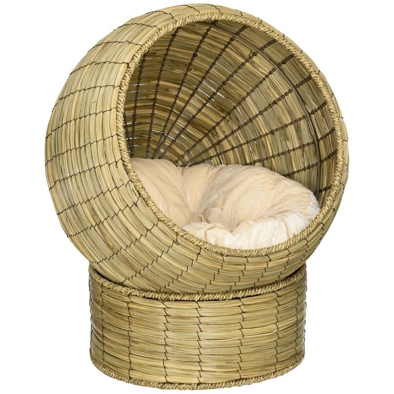 PawHut Cat Basket Bed with Cat Egg Chair Shape, Woven Elevated Cat Bed Kitty House, Raised Wicker Cat Bed for Indoor Cats, 20" Dia. x 23.5" H, Yellow, 1 of 8