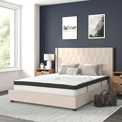 Elegant Beige Queen Platform Bed with Tufted Headboard and Nailhead Trim